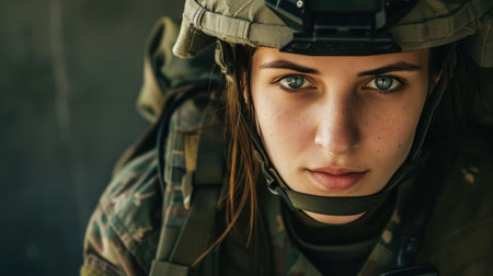 Portrait of a Woman in Military Uniform and Helmet. AI generative.の素材