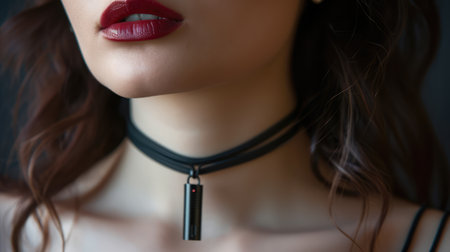 Flash drive on the woman's neck like a necklace. Close-up. AI generative.の素材