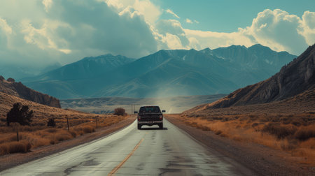 A large pickup on the road in the mountains. Cinematic. AI generative.の素材