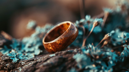 Wooden ring in close-up. Natural jewelry. Connection with nature. AI generative.の素材