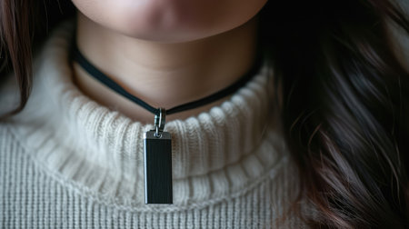 Flash drive on the woman's neck like a necklace. Close-up. AI generative.の素材