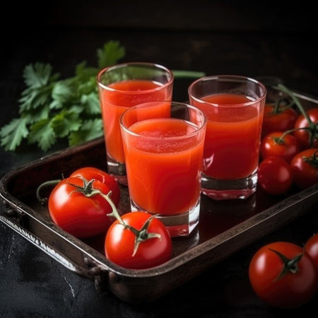 A glass of tomato juice with tomatoes on a tray. Fresh. AI generative.の素材