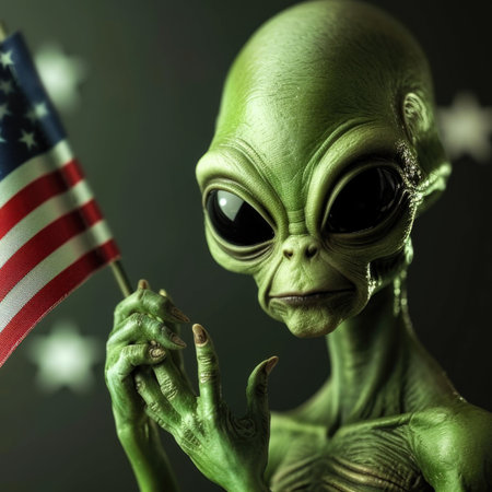 The green cheerful alien with a US flag in hands. AI generative.の素材