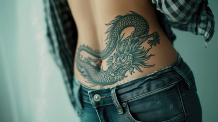 Woman with a dragon tattoo on her stomach. Body art. AI generative.の素材