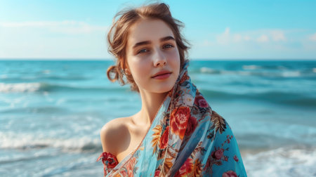 The image of a beautiful young woman in a summer shawl against the background of the sea. AI generative.の素材