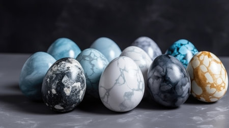 Easter eggs in marble color on a gray loft brick background. AI generative.の素材