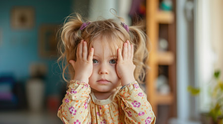 The little girl covers her eyes with her hands playing hide and seek at home. AI generative.の素材