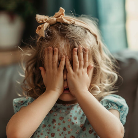 The little girl covers her eyes with her hands playing hide and seek at home. AI generative.の素材