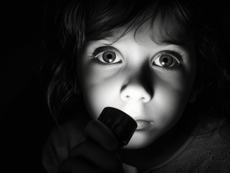 The face of a little girl in the dark with a flashlight. AI generative.の素材