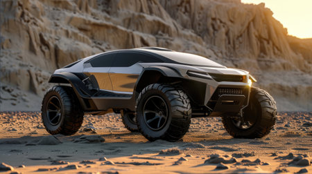 Futuristic off-road electric car. New technologies in car manufacturing. AI generative.の素材
