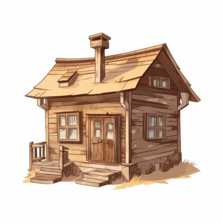 Wooden house on a white background. Cartoon style. AI generative.の素材