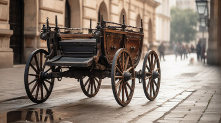 An old carriage on a pavement against a blurred background of the old city. AI generative.の素材