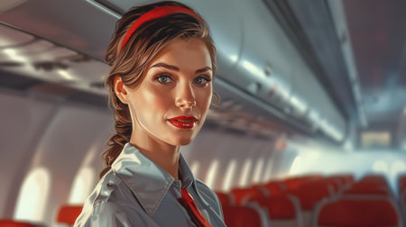 A young beautiful flight attendant in the airplane cabin. AI generative.の素材