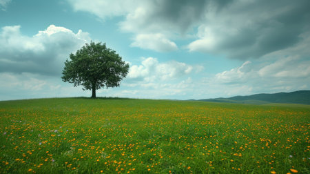 Green meadow with a solitary tree. AI generative.の素材