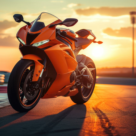 A sporty orange motorcycle stands on the track against the sunset. AI generative.の素材