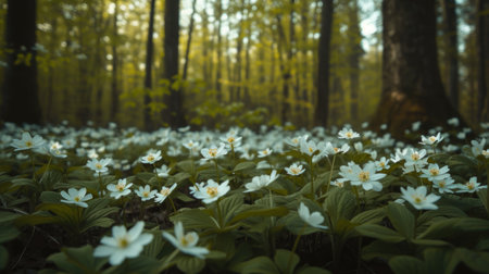 Spring flowers in the forest. Cinematic. AI generative.の素材