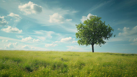Green meadow with a solitary tree. AI generative.の素材