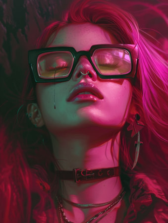 Teenager with glasses and raspberry hair. AI generative.の素材