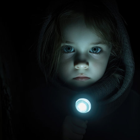 The face of a little girl in the dark with a flashlight. AI generative.の素材