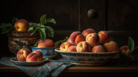 Peaches in a plate on the table. Still life. AI generative.の素材