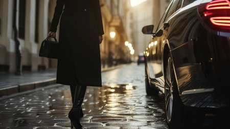 A woman in modest clothing near an expensive black car. Hidden wealth. AI generative.の素材
