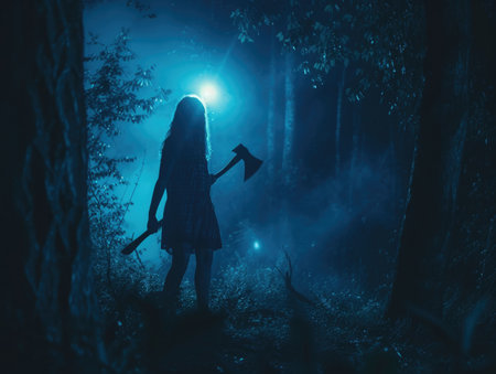 A woman with an ax in a nighttime forest. Cinematic. Horror scene. AI generative.の素材