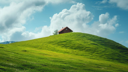 Lonely small house on top of a green hill. AI generative.の素材