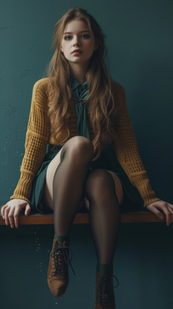 Young beautiful woman in nylon tights full-length. Fashion and style. AI generative.の素材