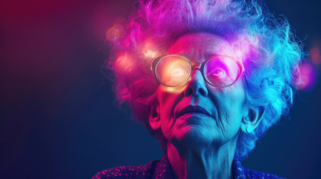Creative old lady with colorful short hair and glowing glasses. AI generative.の素材