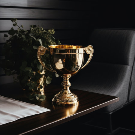 Gold cup on the table. Symbol of victory. AI generative.の素材