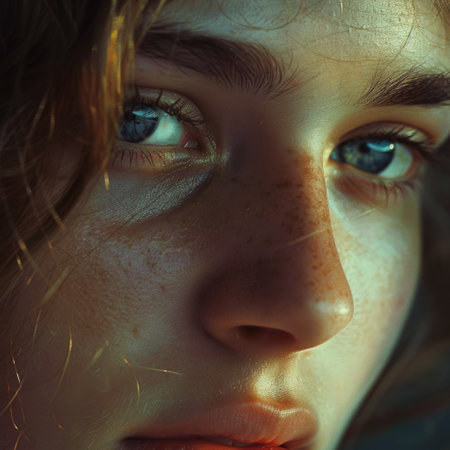 Female face close-up. Beautiful young woman. AI generative.の素材