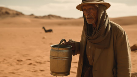 A Man in the Desert Greedily Drinks Water from a Bucket. AI generative.の素材