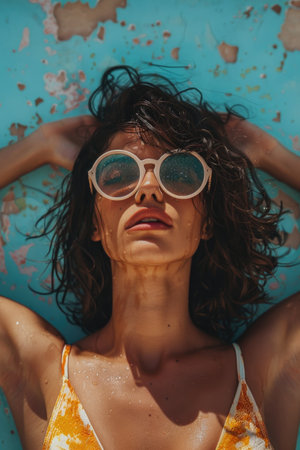 Woman in a swimsuit and sunglasses. AI generative.の素材