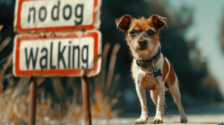 Little dog on the background of the sign "no dog walking". AI generative.の素材