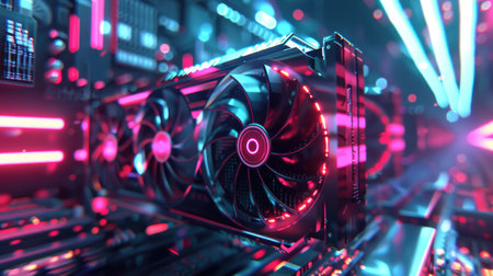 Futuristic video card with cooling fans. Computer background or screensaver. AI generative.の素材
