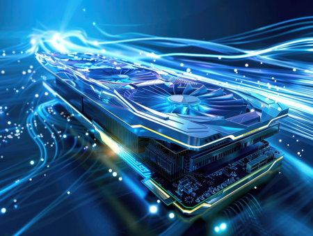 Futuristic video card with cooling fans. Computer background or screensaver. AI generative.の素材