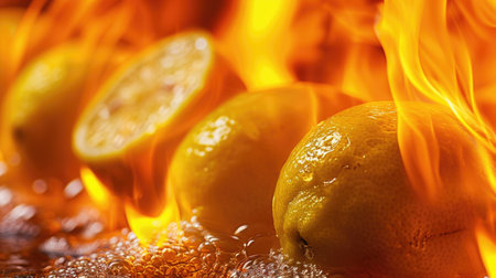 Flaming lemons in fire and heat close-up. AI generative.の素材