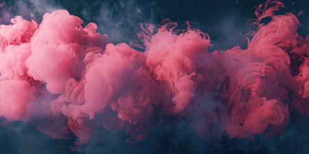 Horizontal jet of pink smoke on a dark background. AI generative.の素材