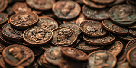 Ancient copper coins in a close-up pile. AI generative.の素材