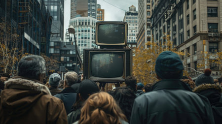 Crowd of people on the street watching a big old TV. AI generative.の素材