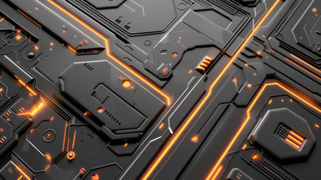 Gray-orange abstract background or PC wallpaper in cyber ship hull style. AI generative.の素材