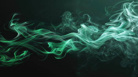 Horizontal stream of pale greenish-blue toxic smoke on a dark background. Background or wallpaper. AI generative.の素材