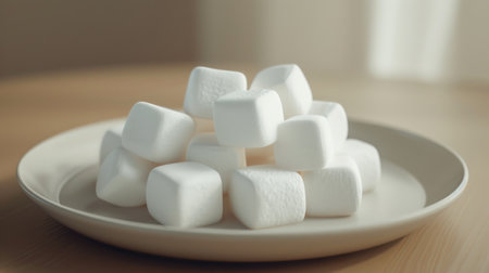 White square marshmallow on a plate in close-up. AI generative.の素材