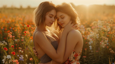 Two women in swimsuits embrace against the backdrop of the sea. AI generative.の素材