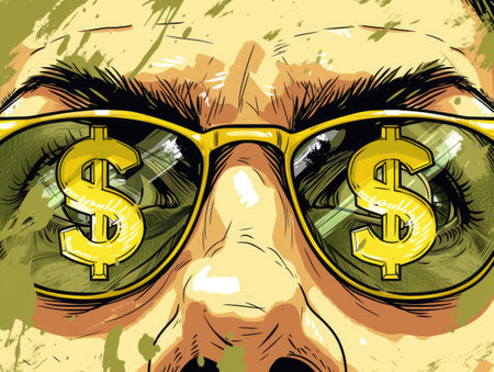 Dollar signs instead of eyes. A caricature of a money-loving person. AI generative.の素材