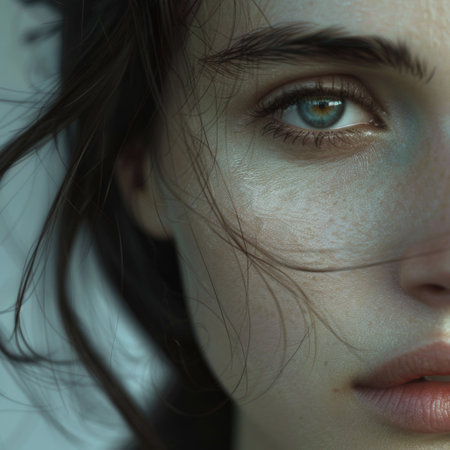 Beautiful young European woman. Close-up of the face. Cinematic. Detailing. AI generative.の素材