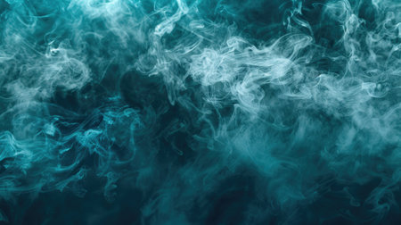 Horizontal stream of pale greenish-blue toxic smoke on a dark background. Background or wallpaper. AI generative.の素材