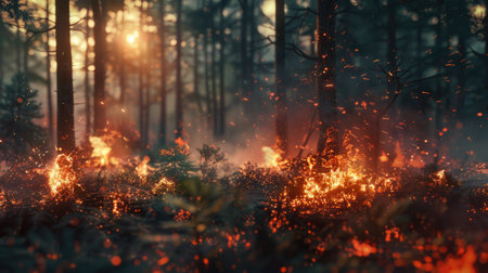 Fire in the forest. The fire burns the trees. Cinematic. AI generative.の素材