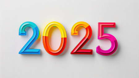 The number 2025 in different colors on a white background. AI generative.の素材