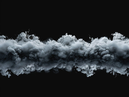 Horizontal jet of gray smoke on a dark background. Screensaver or footage. AI generative.の素材